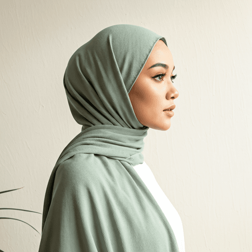 Perempuan mengenakan hijab modal sage dengan siluet bersih.