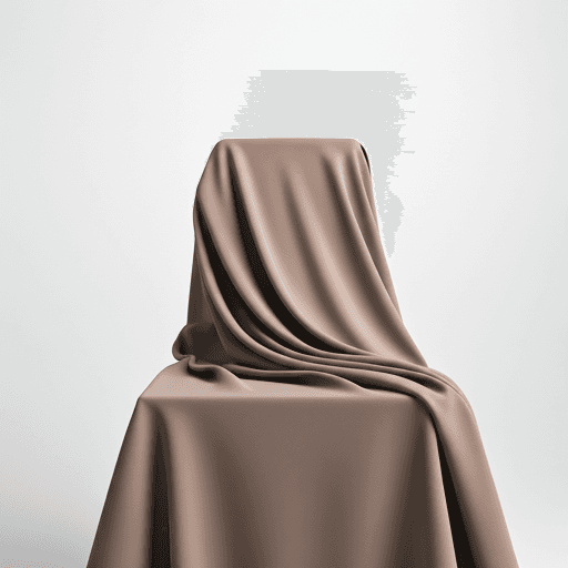 Hijab wool warna taupe yang jatuh lembut pada kursi minimalis.
