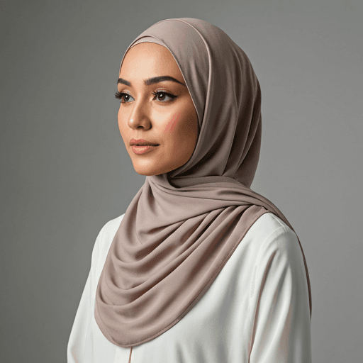 Perempuan profesional mengenakan hijab taupe elegan dalam studio minimalis.
