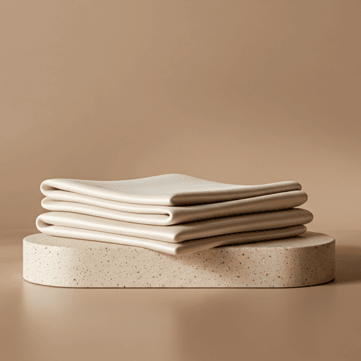 Hijab sutra ivory VIALA tersusun rapi di atas pedestal batu beige.